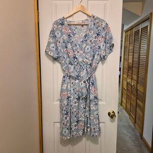 Nemidor Womens Plus Size 18 Blue Floral Faux Wrap V-Neck Short Sleeve Midi Dress